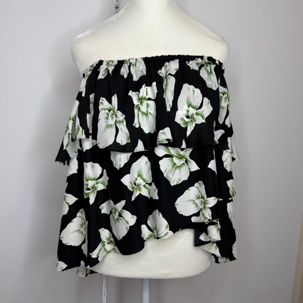 cinq a sept Black Floral Off-Shoulder Ruffle Camisole